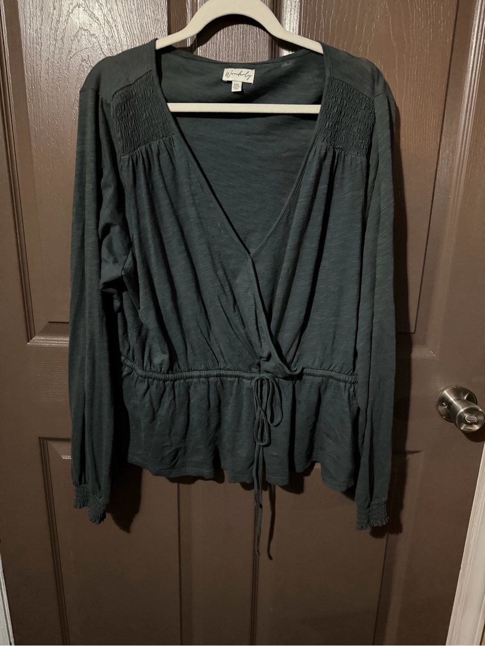 Wonderly Teal Wrap-Front Long Sleeve Blouse